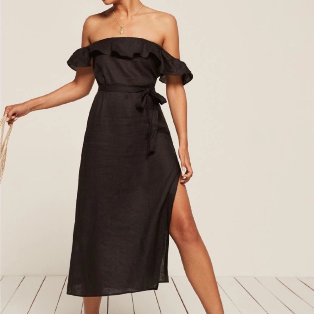 NWT Reformation Madrid off shoulder midi dress in black XS